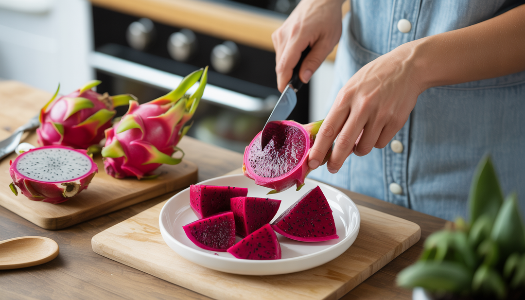 A person preparing dragon fruit in a kitchen, with utensils and a bowl of fresh fruit pieces.