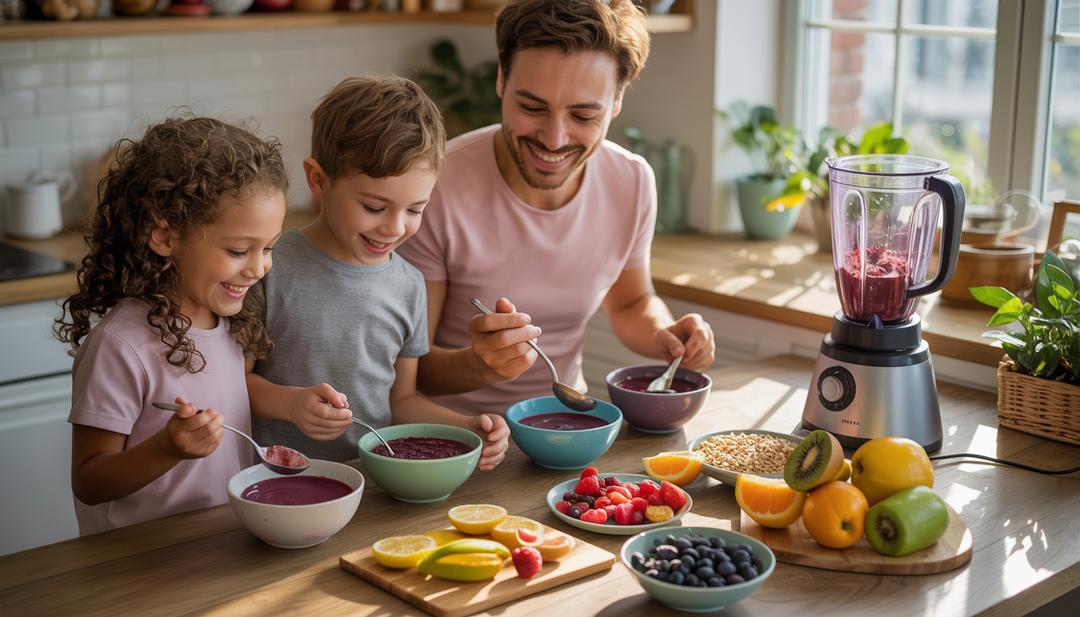 A family of four in a cozy kitchen, preparing acai bowls with vibrant fruits and a blender on the table, sunlight streaming through the window.