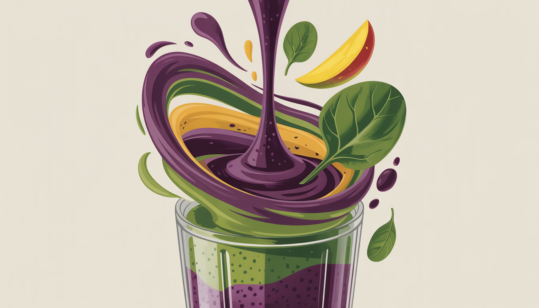 Artistic depiction of an acai smoothie being blended with swirling colors of purple, green, and yellow.
