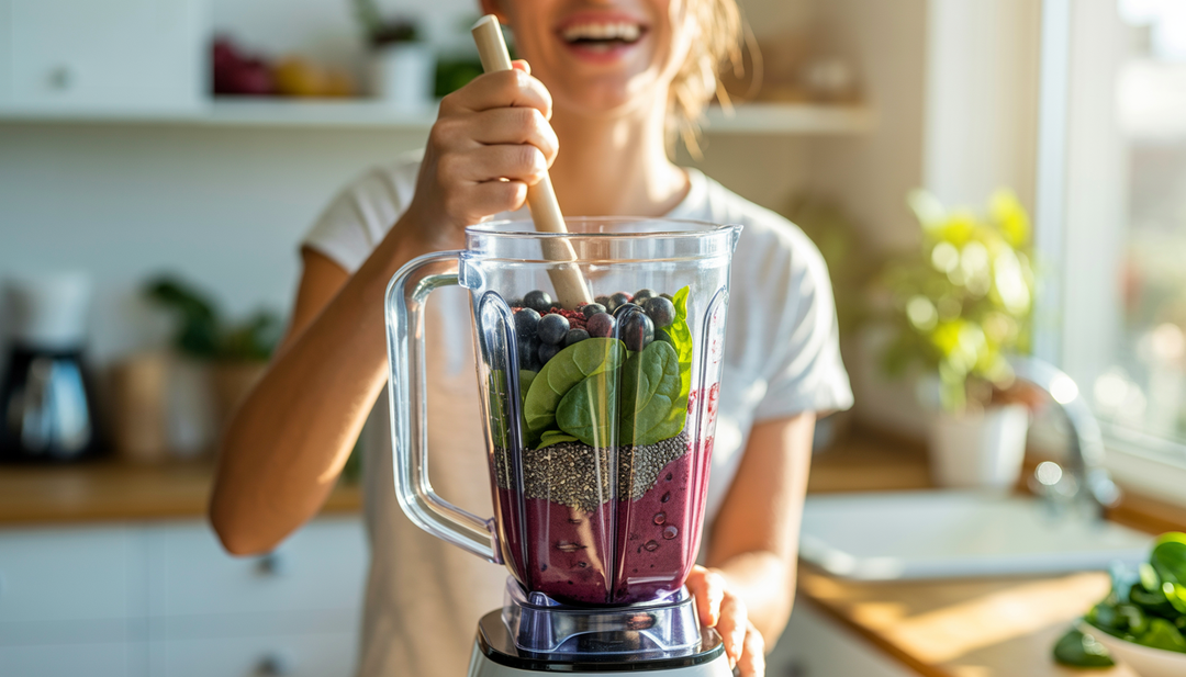 A person blending a smoothie with acai berries and superfoods in a sunlit modern kitchen, symbolizing a healthy lifestyle.