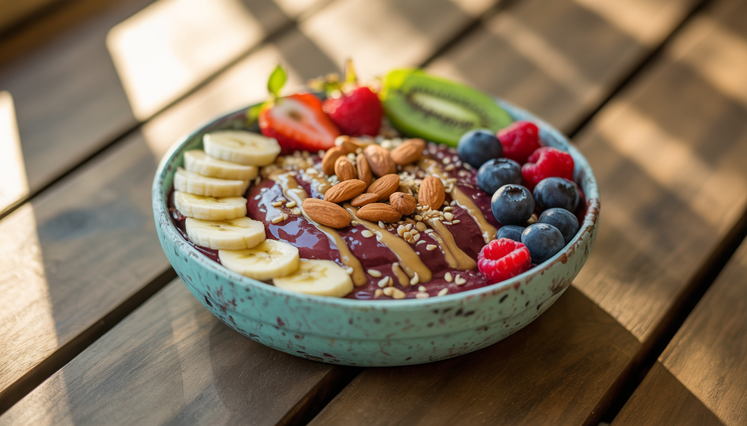 A colorful protein power bowl with acai, fresh fruits, nuts, and seeds on a wooden table, radiating a warm, healthy morning vibe.