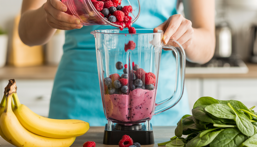 Hands pouring frozen berries into a blender, surrounded by bananas and spinach in a bright kitchen setting.