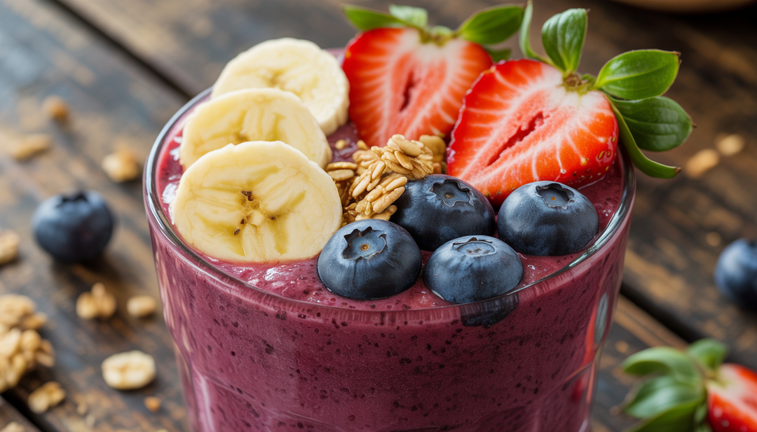 A purple acai smoothie in a glass cup topped with bananas, strawberries, blueberries, and granola on a rustic wooden table.