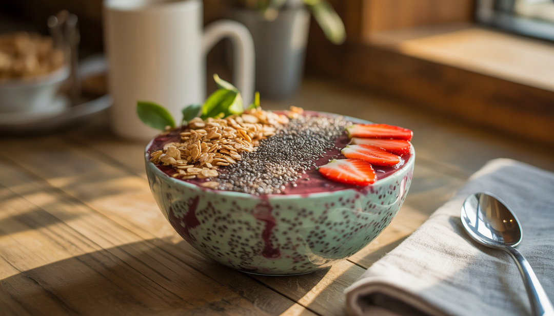 A colorful acai bowl topped with granola, strawberries, and chia seeds on a wooden table with morning sunlight.