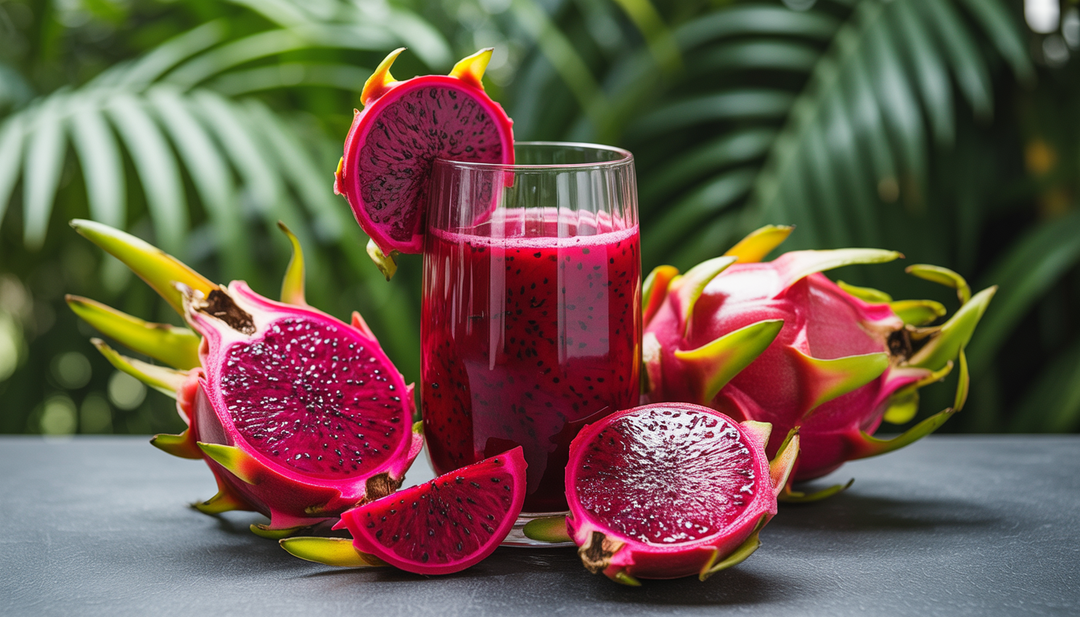 A glass of red dragon fruit juice with fresh red dragon fruit slices in a lush green setting, highlighting its natural and healthful qualities.