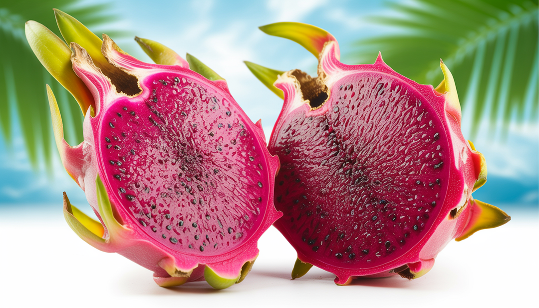 Pink dragon fruit cut in half, showing speckled flesh with black seeds, against a tropical background.