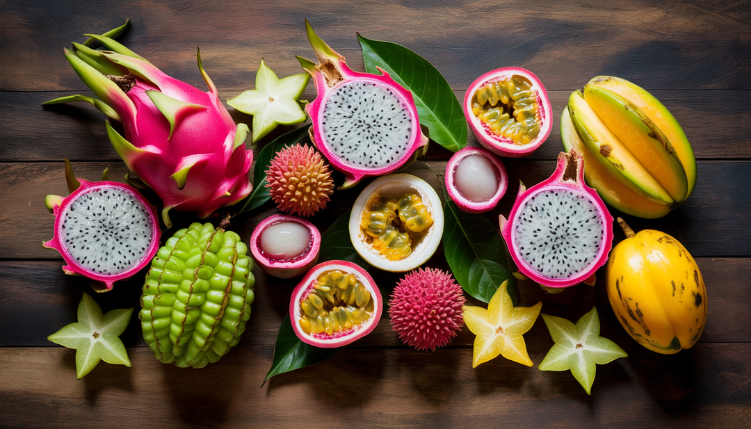 A flat lay of exotic fruits including dragon fruit, passion fruit, guava, lychee, and starfruit on a wooden table, showcasing their vibrant colors and textures.