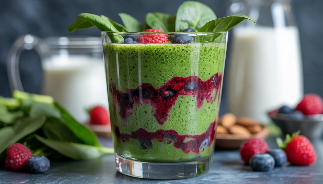 A Berry Green Smoothie in a glass, showing layers of spinach, berries, and acai with Greek yogurt and almond milk in the background.