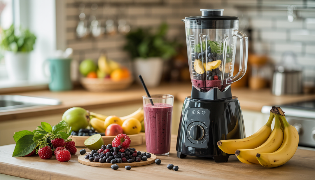 A kitchen counter with a blender and fresh acai berries and fruits, illustrating a smoothie preparation setting.