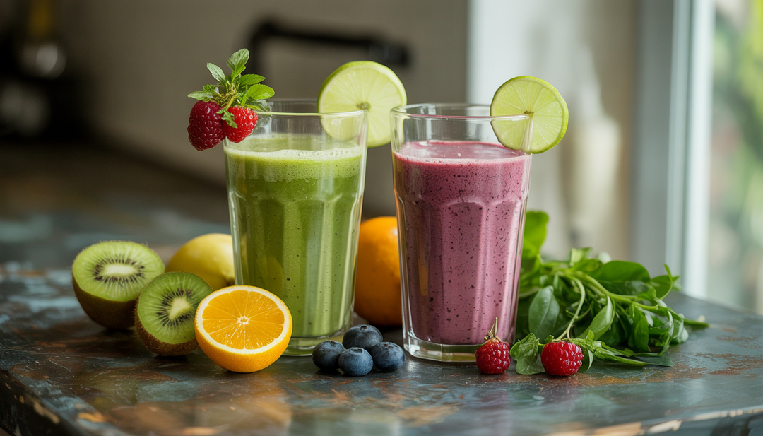 Two smoothie glasses, one green and one purple, with fresh fruit and greens on a rustic countertop.