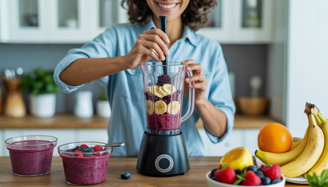 A person blending a smoothie with acai and fruits in a modern kitchen, surrounded by ready-to-eat breakfast options.