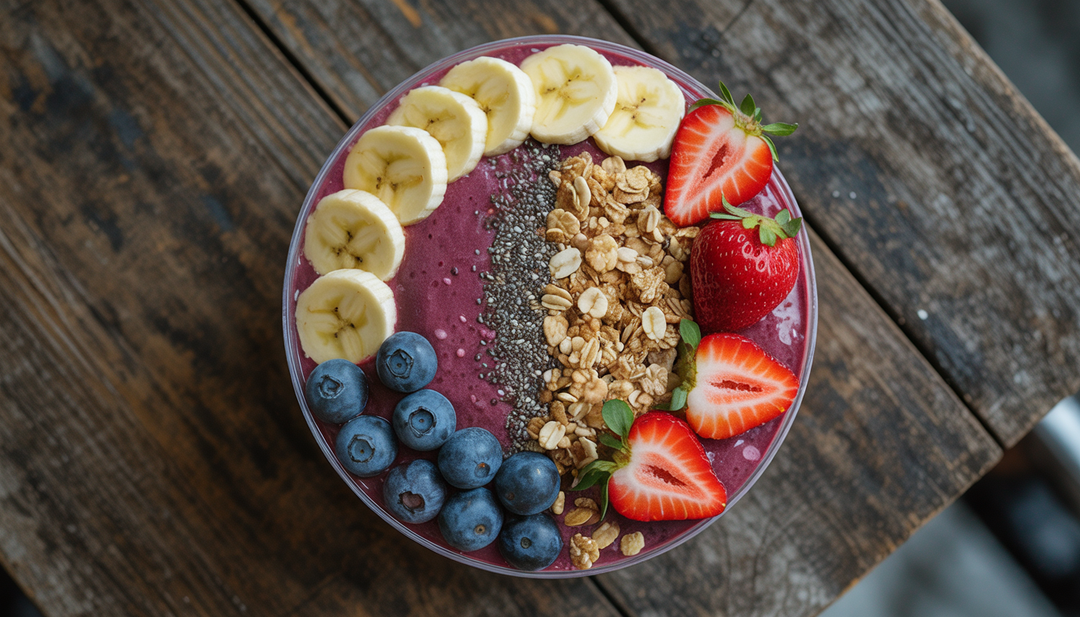 A colorful acai bowl topped with fresh fruits and granola on a wooden table, representing a healthy breakfast option.