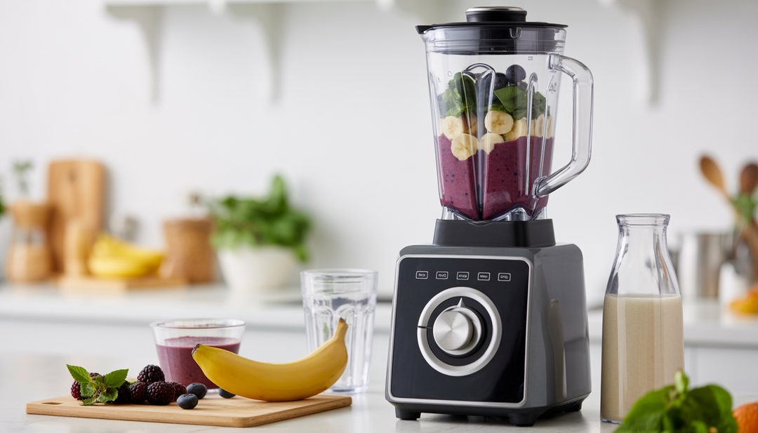 A blender in a kitchen blending a smoothie with acai berries, banana, and almond milk, with ingredients arranged around it.