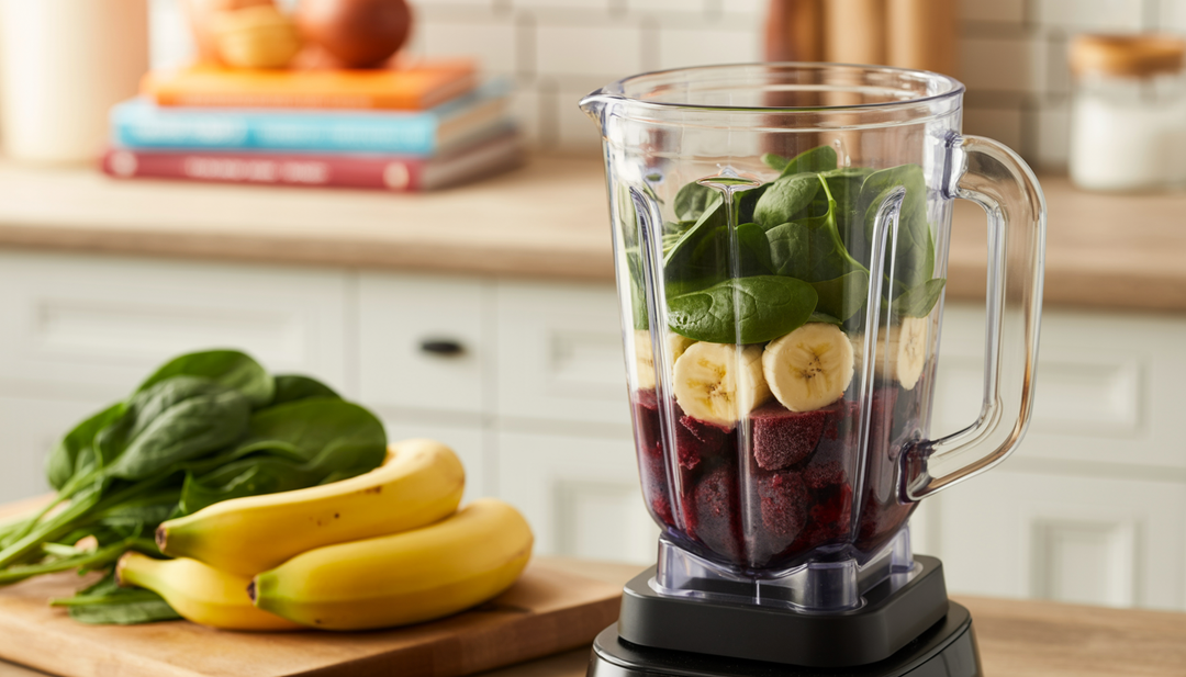 A blender with acai, spinach, banana, and almond milk, surrounded by fresh ingredients and recipe books in a kitchen.