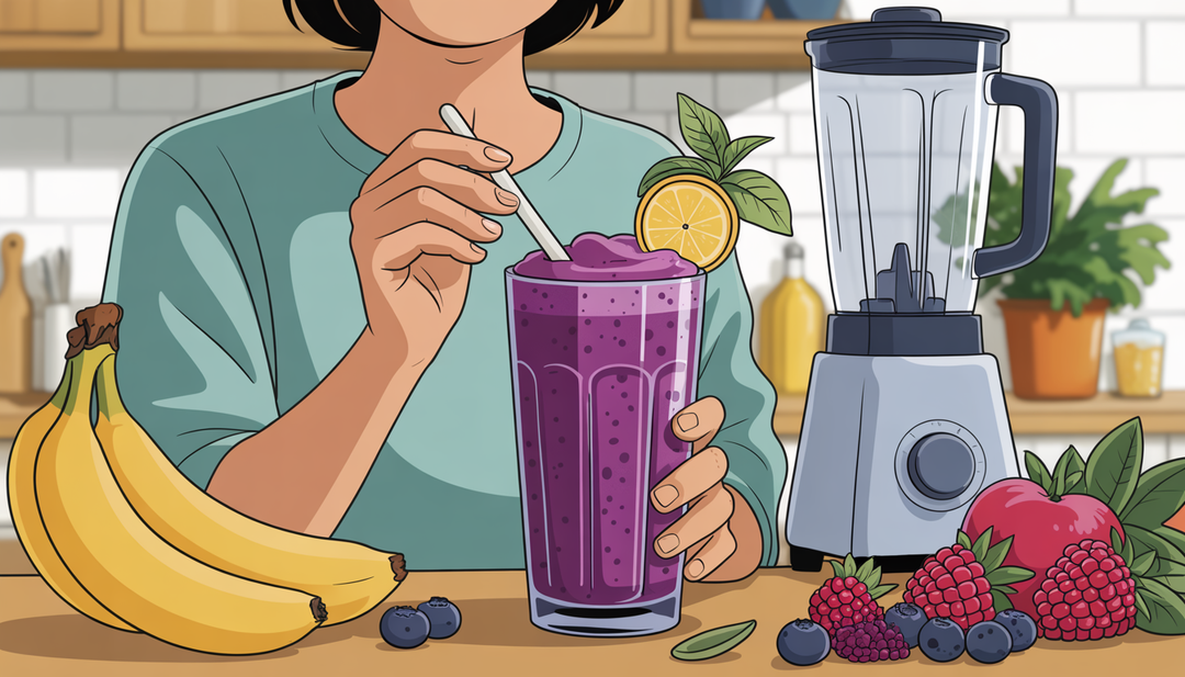 A person in a cozy kitchen happily drinking a purple acai smoothie, surrounded by fresh bananas and berries, with a modern blender on the counter.
