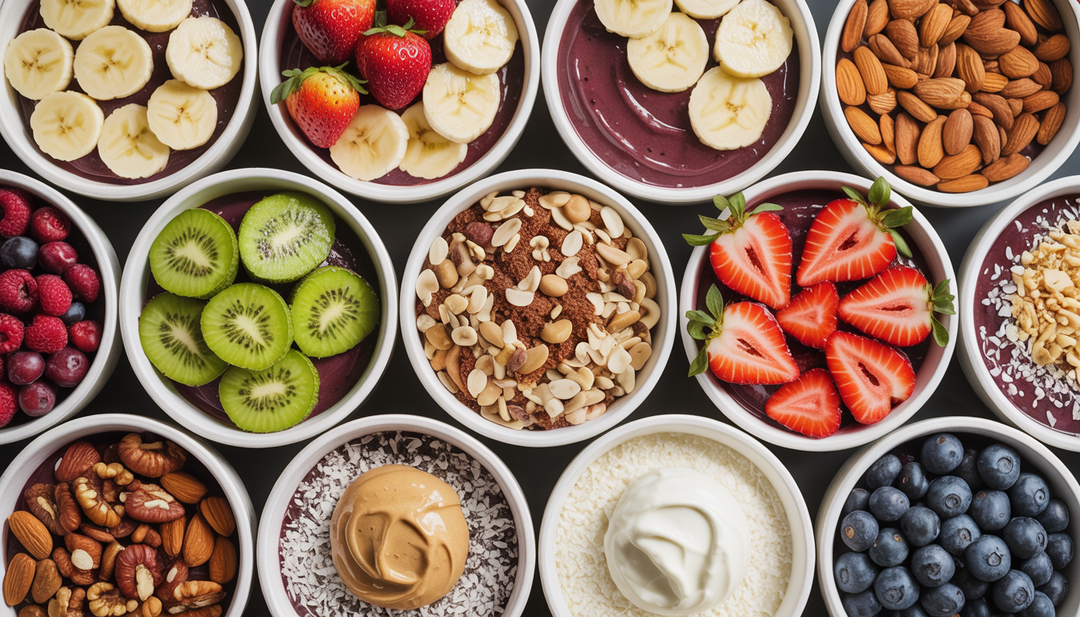 A top-down view of an acai bowl creation station with bowls of toppings like fruits, nuts, seeds, and nut butter, inviting customization.