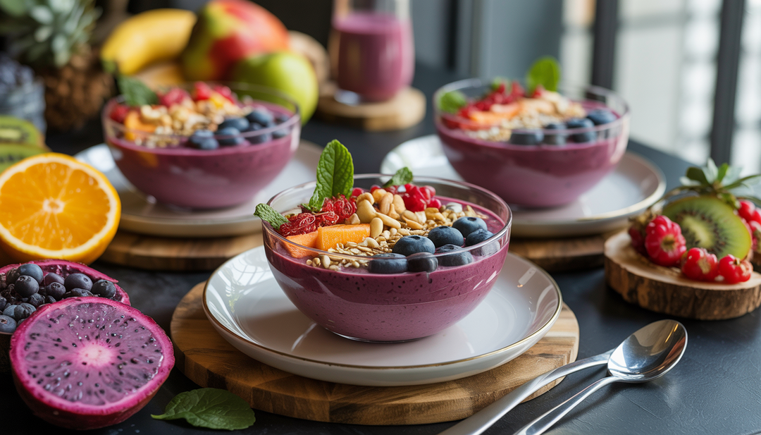 Breakfast table with smoothie bowls having purple interiors, topped with fresh fruits, nuts, and seeds, alongside superfruits like acai and pitaya, promoting a healthy morning.