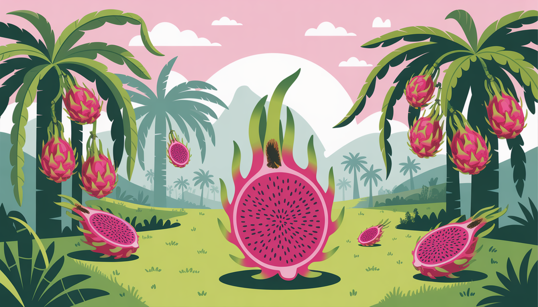 An illustration of a tropical scene with dragon fruit trees, emphasizing the exotic and vibrant nature of pitaya.