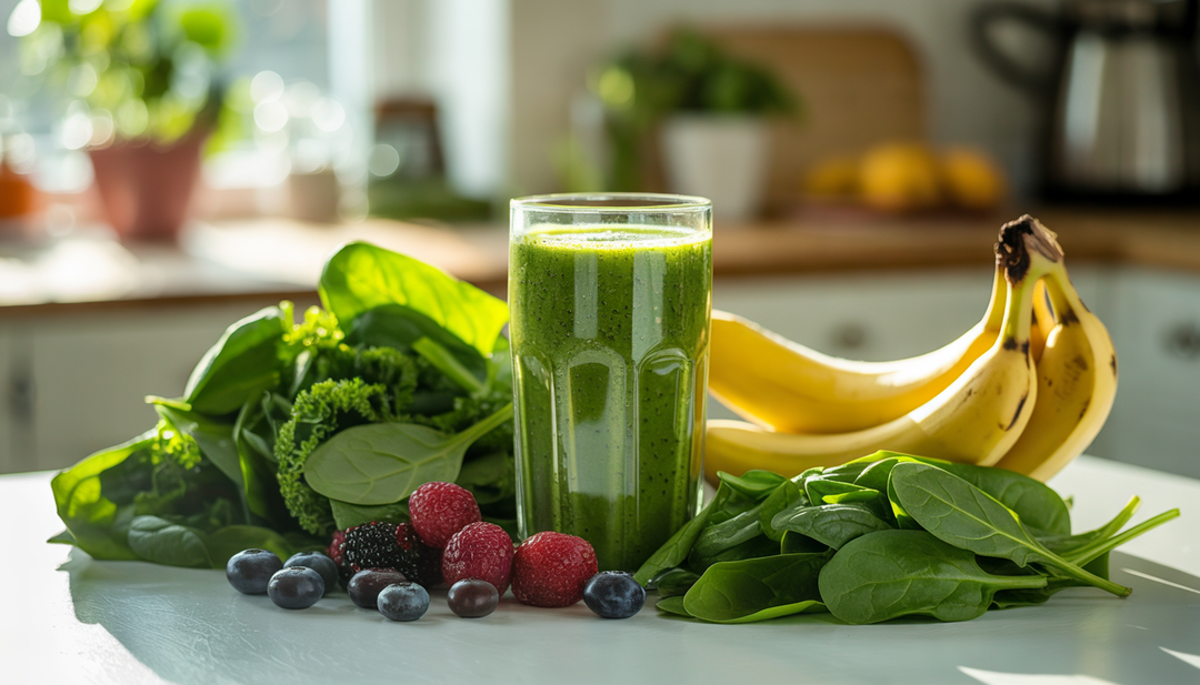 A green breakfast smoothie with fresh spinach, kale, bananas, and acai berries on a kitchen counter.