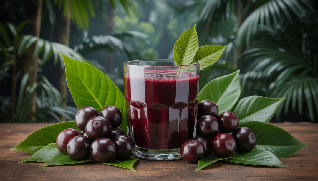 A glass of acai juice with fresh acai berries and green leaves, set against a backdrop suggesting the Amazon rainforest.