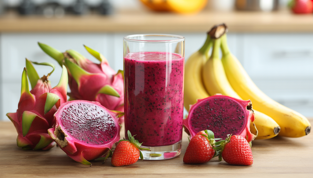 A colorful dragon fruit smoothie in a glass with fresh purple/red-fleshed dragon fruits, bananas, and strawberries on a wooden counter, highlighting a bright and healthy setting.