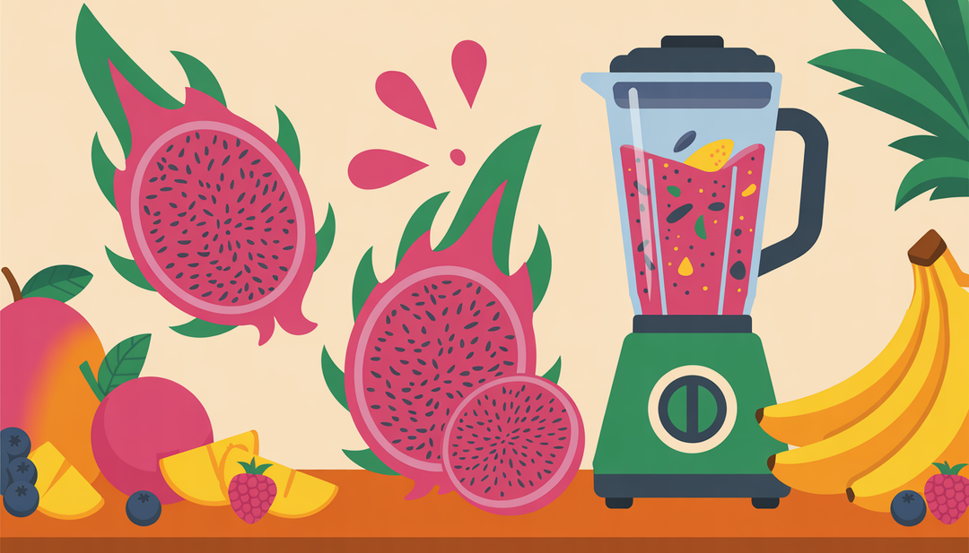 A lively smoothie bar with a blender making a dragon fruit smoothie, surrounded by colorful fruits and featuring a dragon fruit with purple/red speckled flesh.