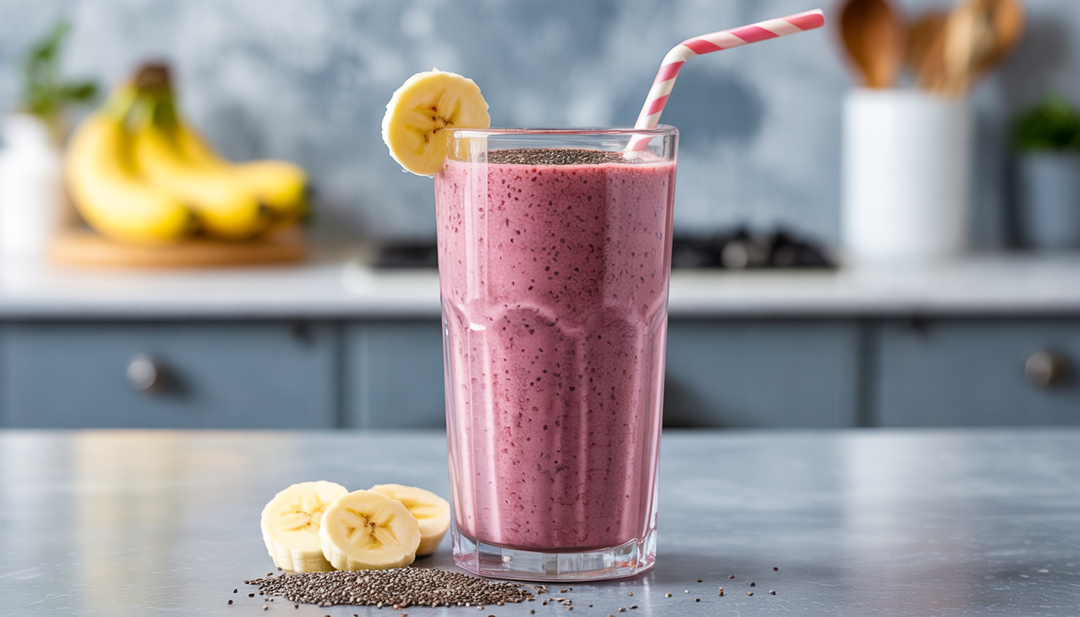 A high protein smoothie in a tall glass, garnished with a banana slice and chia seeds, set against a neutral kitchen background.
