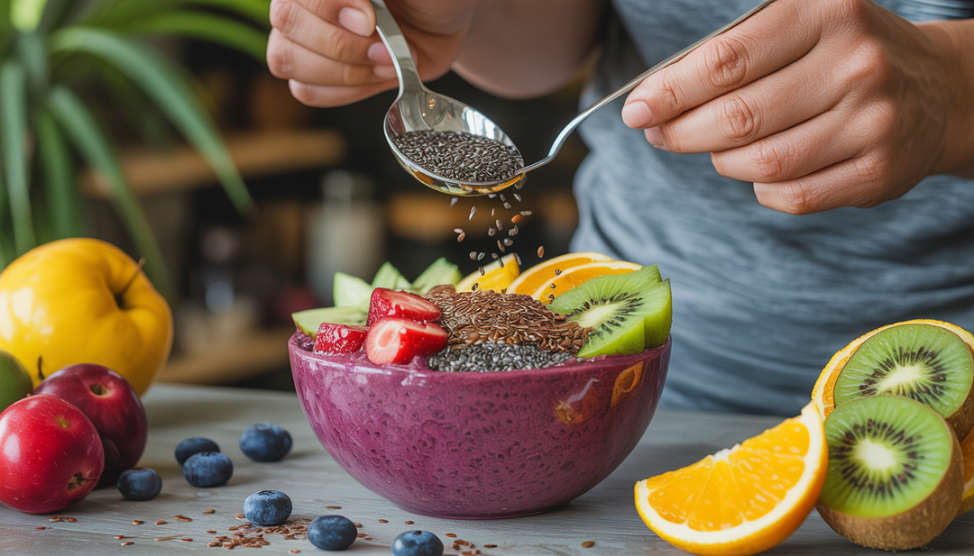 An acai bowl being topped with chia seeds, flaxseeds, and fresh fruits, illustrating healthy preparation.