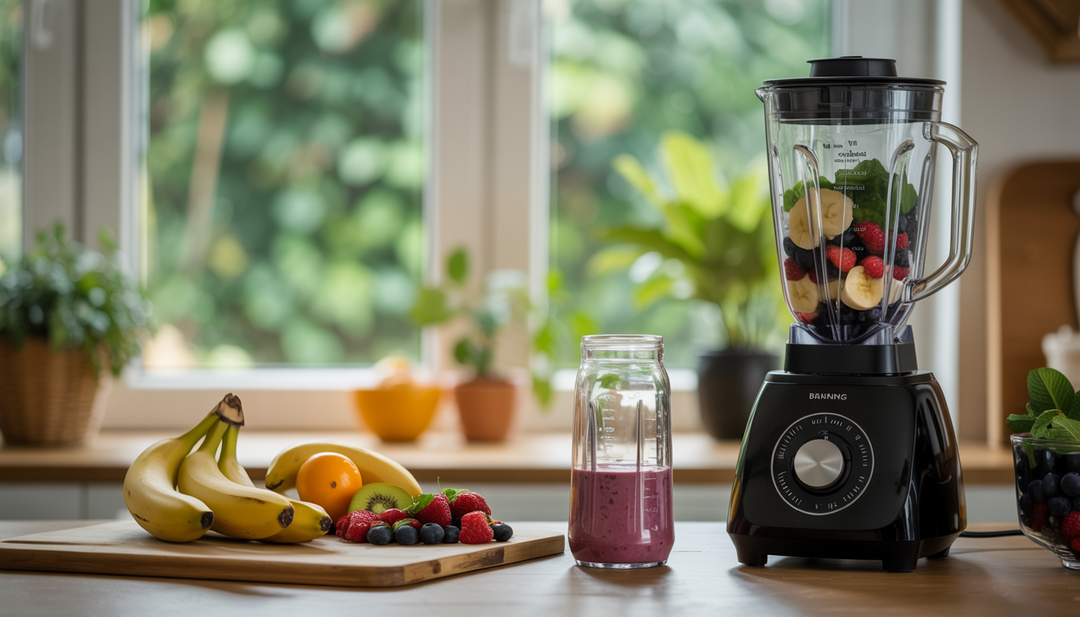 A peaceful kitchen setting with a blender and fresh fruits, including bananas, berries, and acai, on the counter. A window shows a lush garden, highlighting a natural and health-focused morning routine.