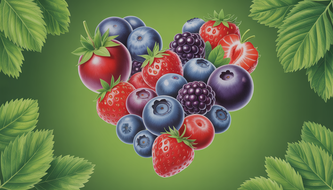 A heart-shaped arrangement of diverse berries on a green background, symbolizing health and freshness.