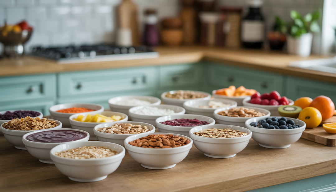 A kitchen countertop with various acai bowl toppings like granola, nuts, seeds, and fresh fruits.