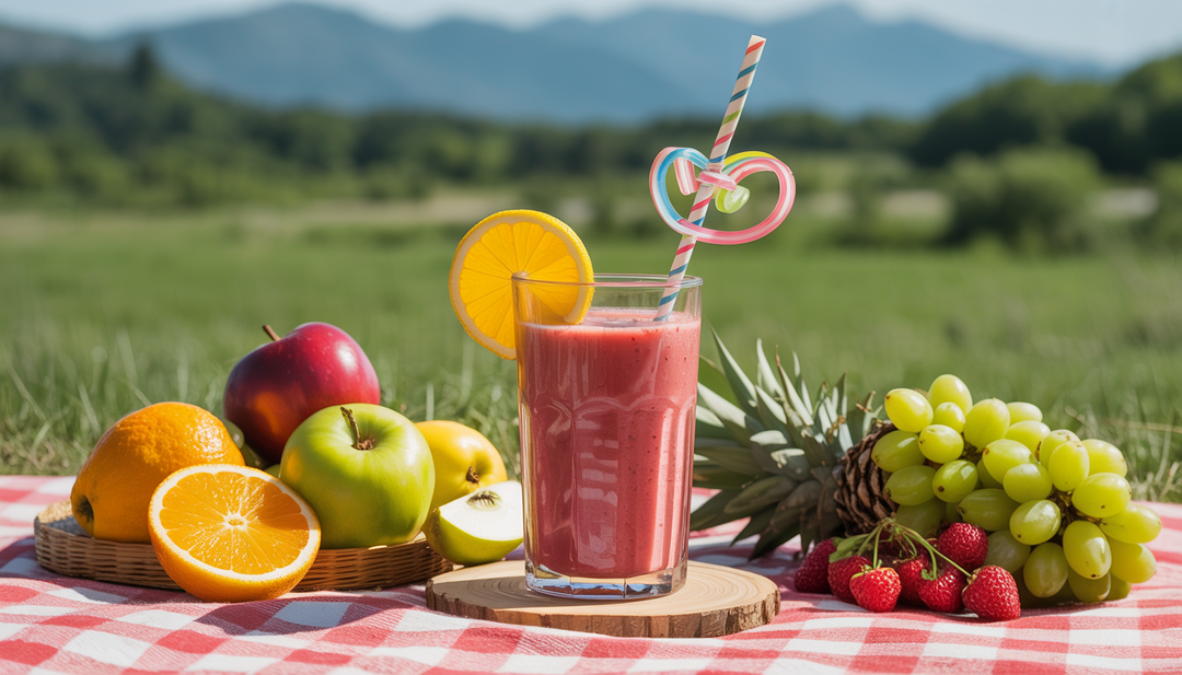 A glass of antioxidant smoothie with a straw, surrounded by fresh fruits, set outdoors with a green landscape.