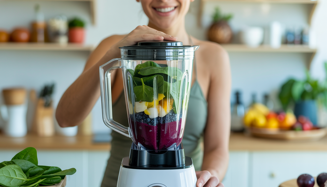 A person blending a smoothie with ingredients like spinach and acai in a bright, modern kitchen, symbolizing a healthy lifestyle.