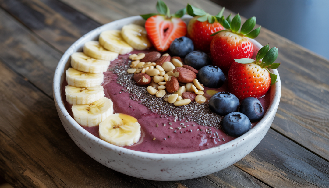 A colorful acai bowl on a wooden table, featuring a purple acai base topped with banana slices, strawberries, blueberries, chia seeds, mixed nuts, and a drizzle of honey.