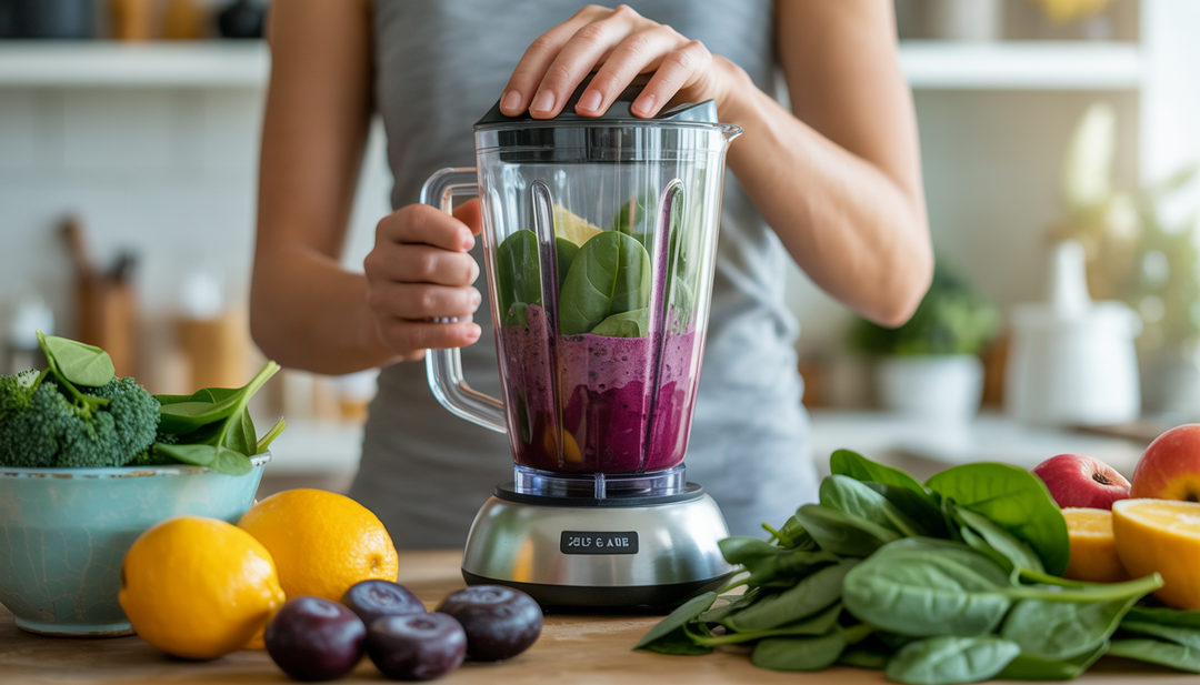 Person blending a smoothie with acai, spinach, and kale in a modern kitchen.