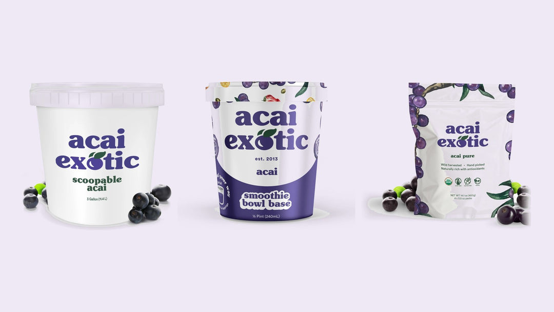 Acai Exotic scoopable acai pail, smoothie bowl base and acai pure pouch side by side