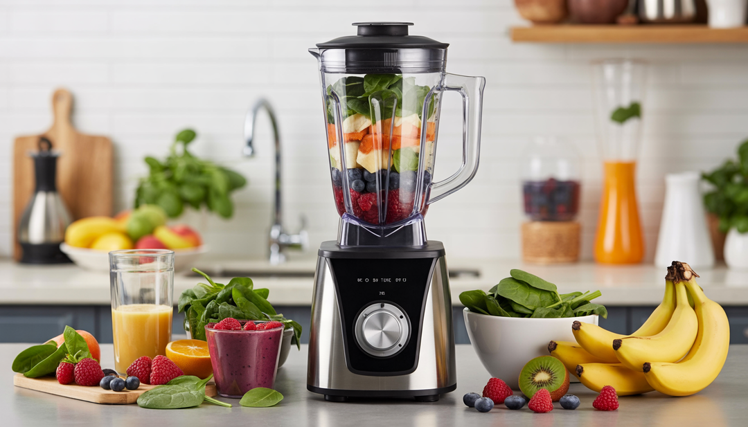 A modern kitchen with a blender mixing colorful fruits and vegetables, illustrating the joy of making smoothies.