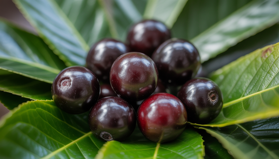Close-up of dark purple acai berries with green leaves, showcasing their natural, glossy appearance.