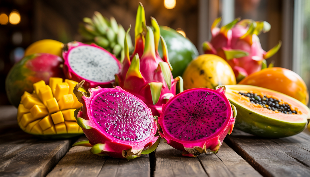 An open dragon fruit with a bright pink exterior and magenta interior, surrounded by acai berries, mango, and papaya on a rustic wooden table in warm natural light.