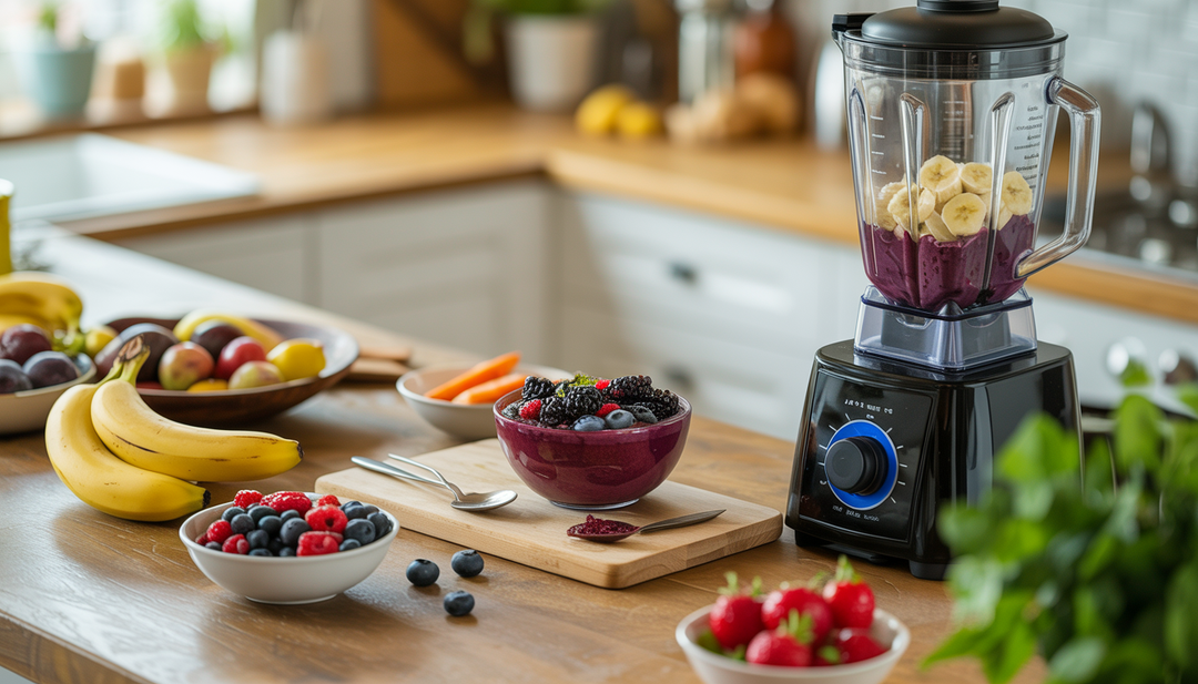 A warm kitchen counter with fresh bananas, colorful berries, and a blender, set for making an acai bowl.