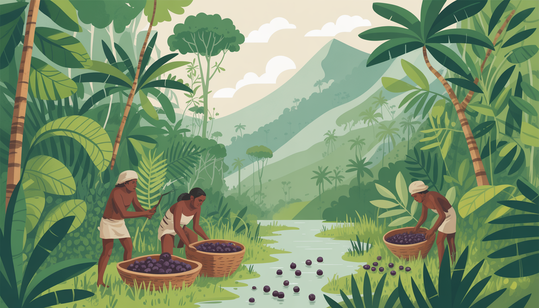 A depiction of the Amazon Rainforest with indigenous people harvesting acai berries amidst lush greenery and a flowing river.