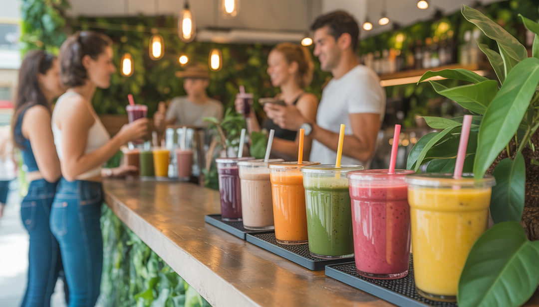 A smoothie bar with a variety of colorful superfood smoothies, highlighting an acai berry smoothie, in a lively setting with customers and greenery.