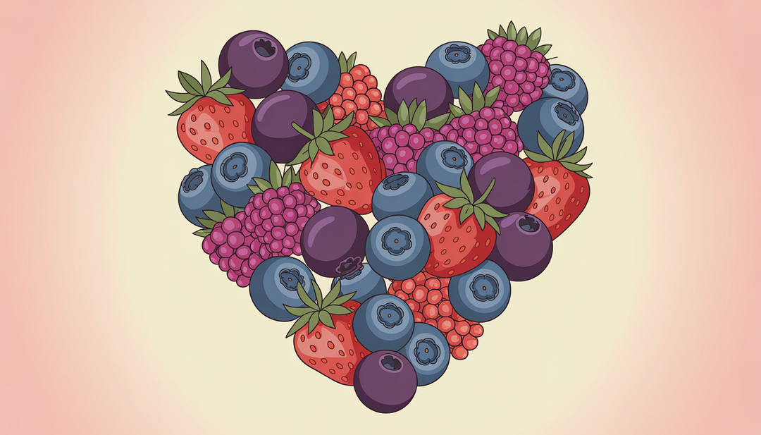 An illustration of acai, blueberries, and strawberries arranged in a heart shape, symbolizing heart health.