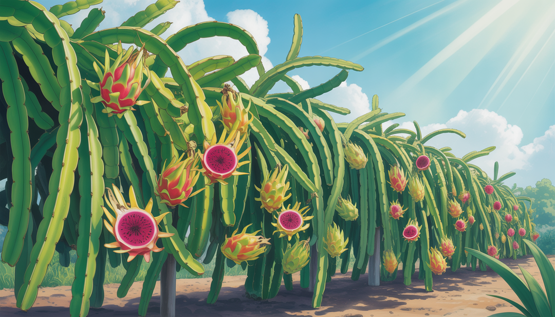 A vibrant garden scene with a dragon fruit plant, ripe fruits hanging, and sunlight casting shadows on the soil, under a clear blue sky.