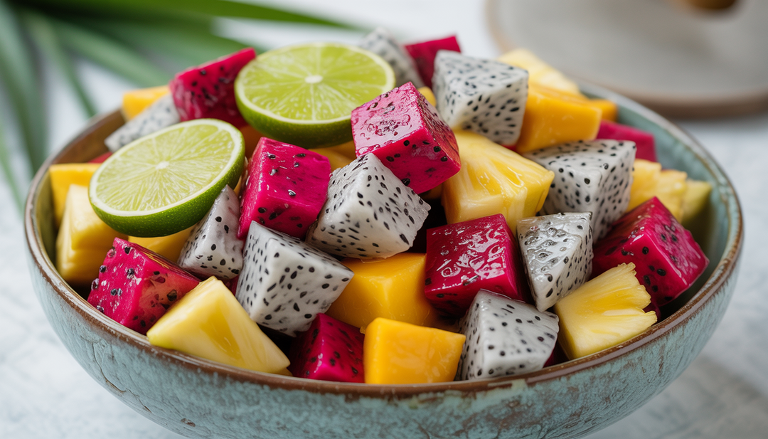 Tropical salad with dragon fruit, pineapple, mango, and lime juice in a ceramic bowl, set against a summery background.