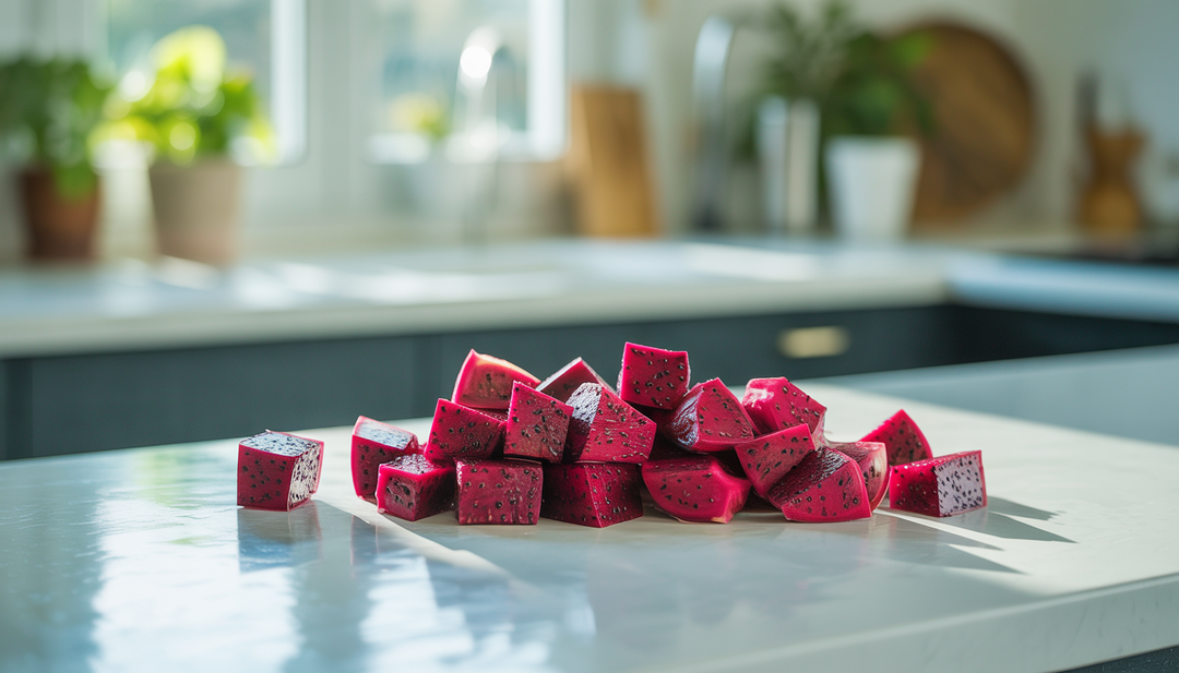Modern kitchen countertop with vibrant red diced dragon fruit pieces illuminated by natural light, showcasing their fresh and striking appearance.