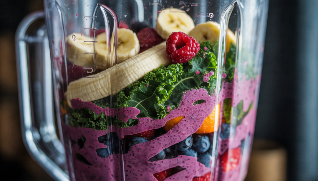 Close-up of a blender mixing vibrant fruits and veggies, showing the swirling colors and textures of berries, kale, and bananas.