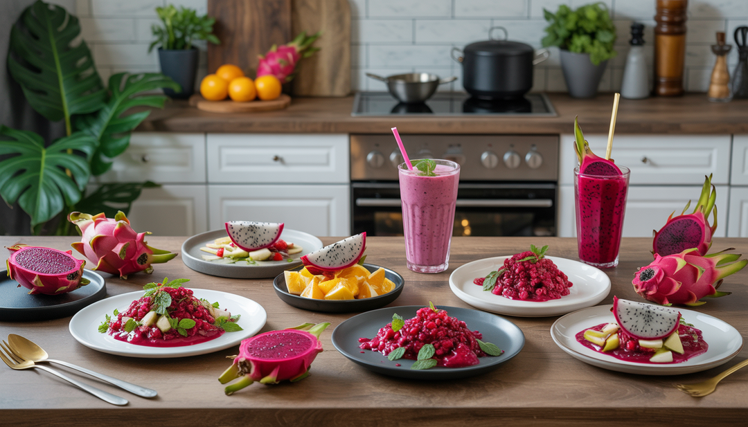 Kitchen scene with dragon fruit used in smoothies, salads, and desserts, highlighting its culinary versatility.
