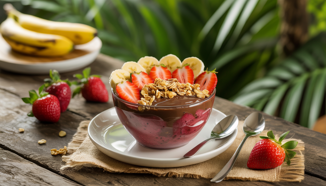 A colorful acai bowl with Nutella, strawberries, bananas, and granola on a wooden table, against a tropical backdrop.