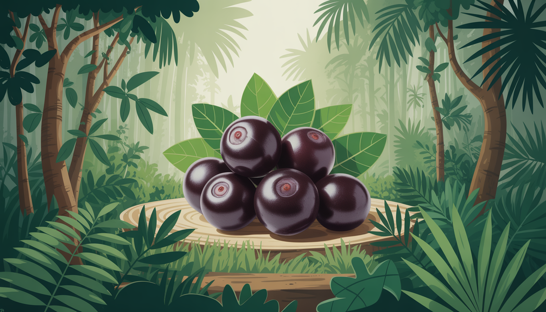A serene Amazon Rainforest scene showcasing acai berries, emphasizing their natural and exotic origins.